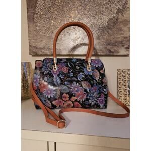 👜VALENTINA Italy Multi Color Floral Print Leather Crossbody Tote Top Handle Bag